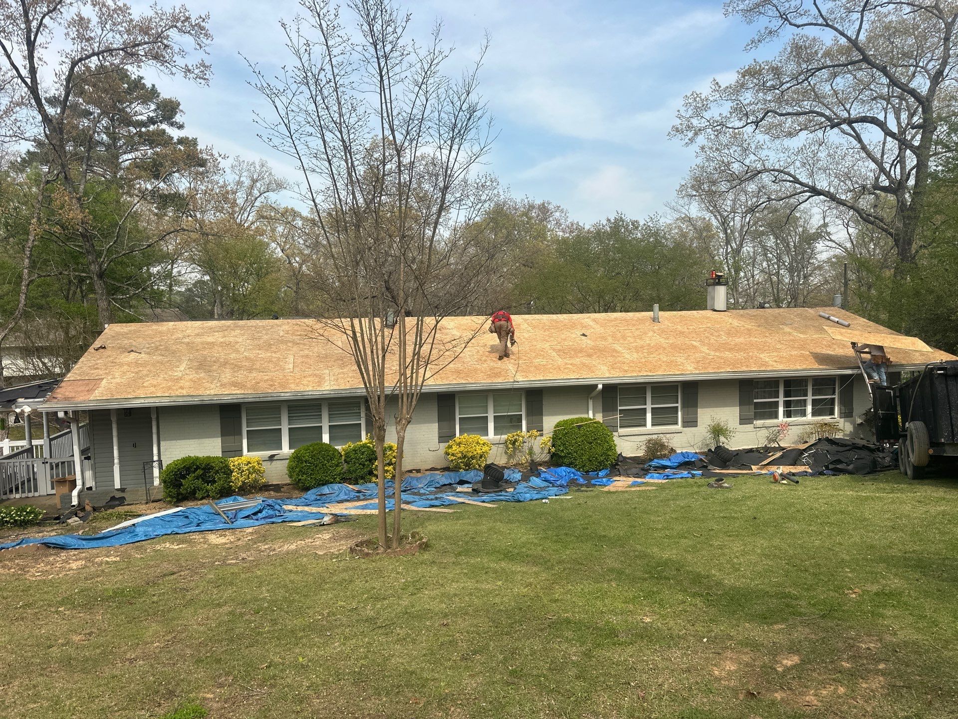 Exposed plywood roof decking during a full roof replacement in Cahaba Heights.