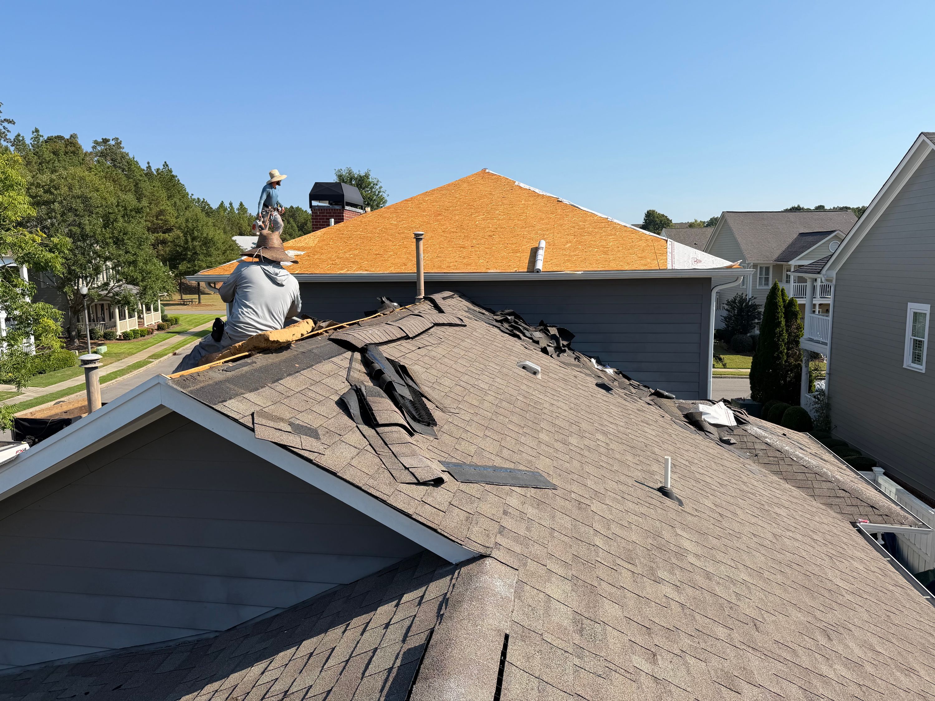 Brand new plywood decking contrasts with worn shingles during a residential roof replacement in Hoover.