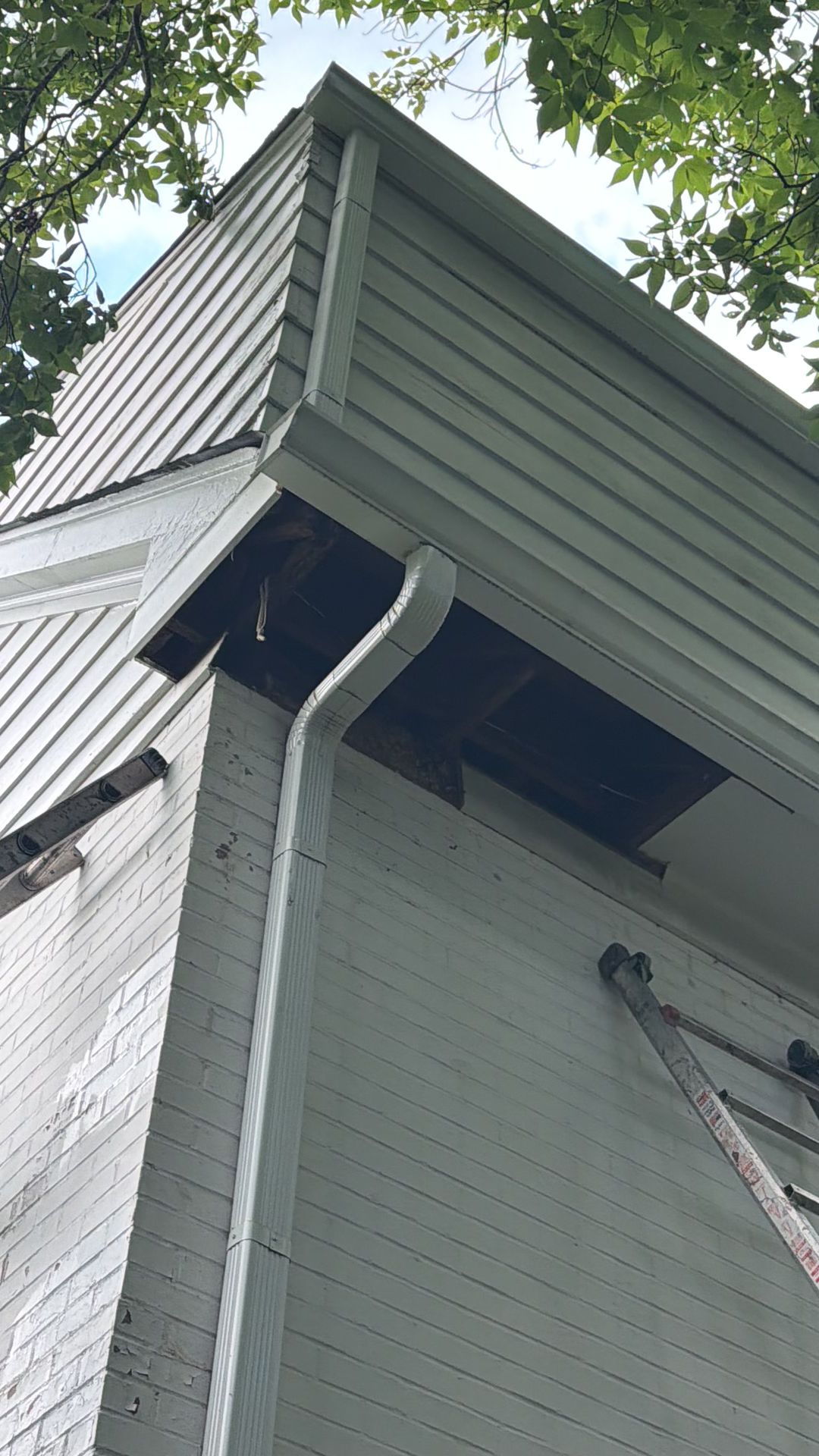 An exposed eave soffit cavity under the gutter run shows structural damage needing roof repair.
